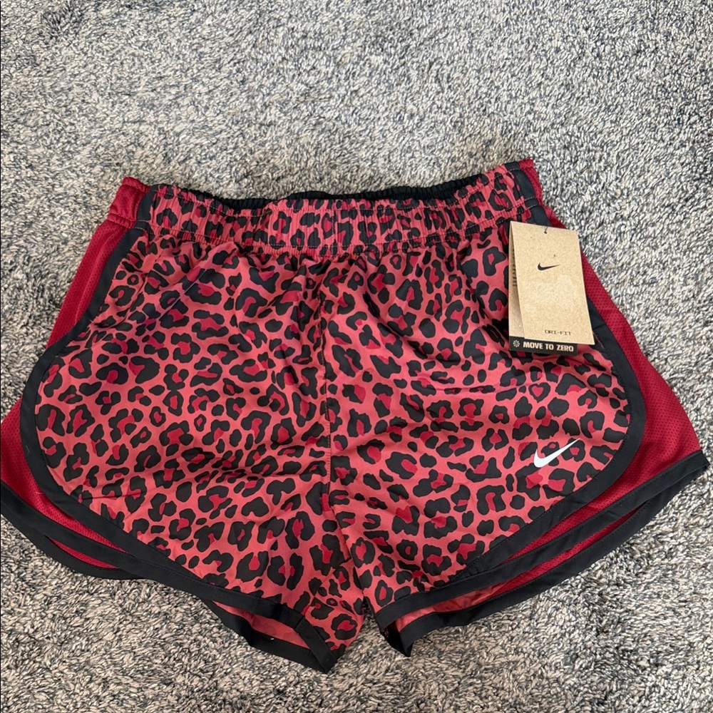 Nike Women's Red Leopard Print Athletic Shorts with Black Trim